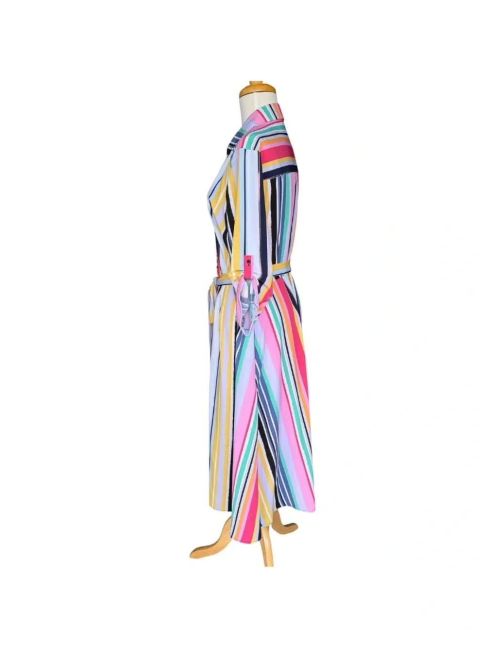 NY & Co Multicolor Striped Midi Shirt Dress Roll Tab Sleeve Belted Women’s Large